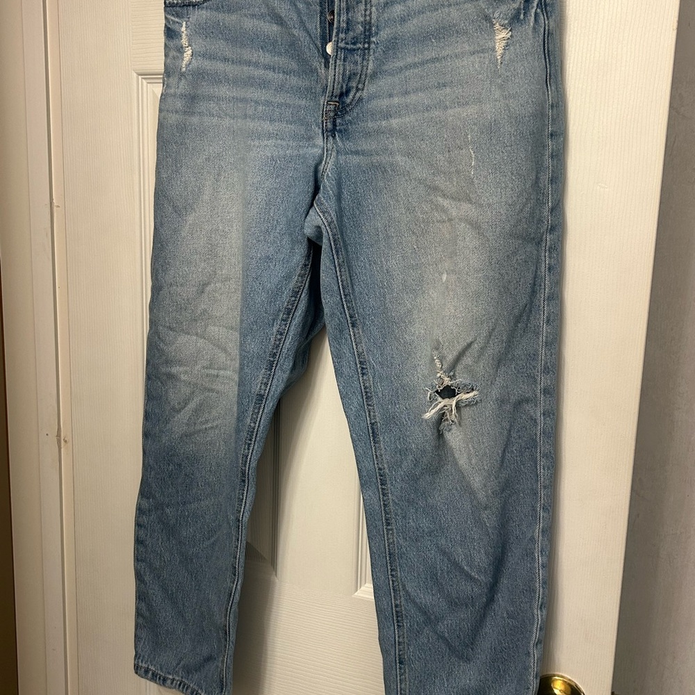 High Rise Cheeky Taper Ankle Distressed Blue Jeans